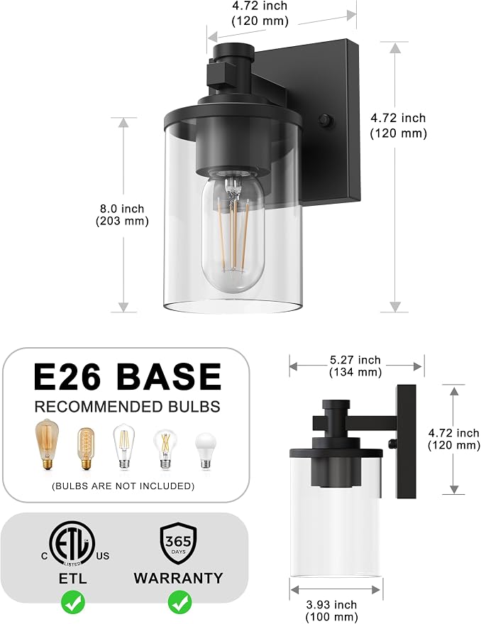 Bathroom Light Fixture, Bathroom Vanity Light Over Mirror, 1-Lights | Vanity Lights for Bathroom, Modern Lighting Fixtures with Clear Glass Shade, Black Vanity Lights, ETL Listed