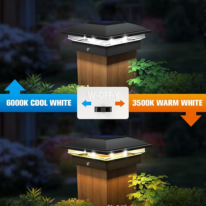VOLISUN Black Solar Post Cap Lights, Warm White Fence Lights 4 Pack | Solar powered waterproof lamps fit 4x4/6x6 wooden & 4x4/5x5 vinyl posts for garden, patio, porch and backyard use