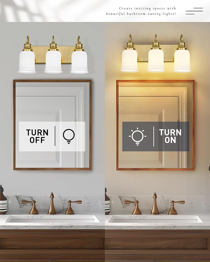 3-Light Bathroom Light Fixture, HWH Modern Vanity Light, Brushed Gold Wall Light Over Mirror, Frosted White Bell-Shaped Glass, 5HZG106B-3W BG