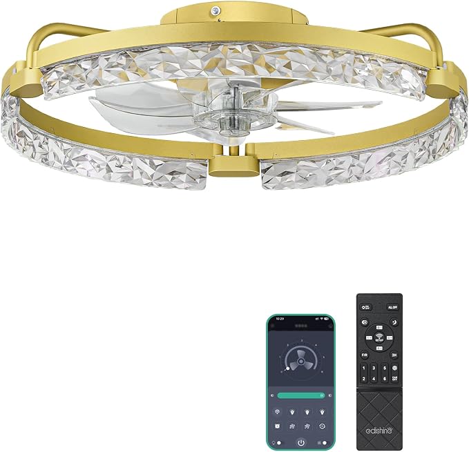 EDISHINE Ceiling Fans with Lights, 20'' Low Profile Flush Mount Fandelier | 3000-6000K Dimmable, 6 Speeds, App & Remote Control, DC Motor, LED Modern Bladeless Fan Light for Bedroom, Gold