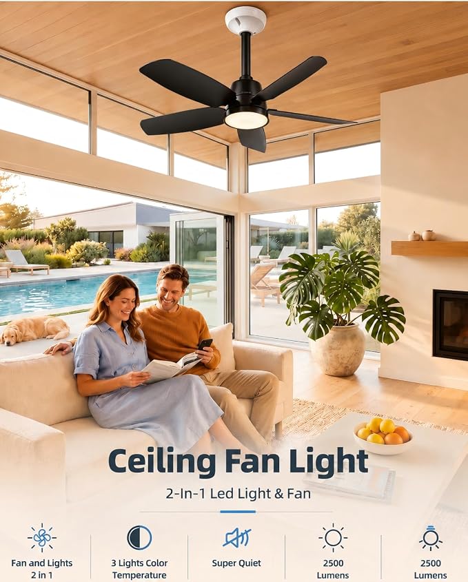 Ceiling Fan with Light, 28'' Flush Mount Low Profile Fan for Bedroom &Patio | Quiet Reversible DC Motor, 6-Speed, 3-Color Temp Dimmable LED Light with Remote & Timer, Indoor Small Ceiling Fan Black