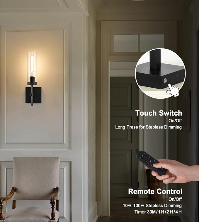 Black Wireless Wall Sconces with Remote Control, Battery Operated Wall Sconce Set of 2, Rechargeable Dimmable Wall Lights for Bedroom Living Room Bathroom Hallway Entryway Stairwell, 3000K