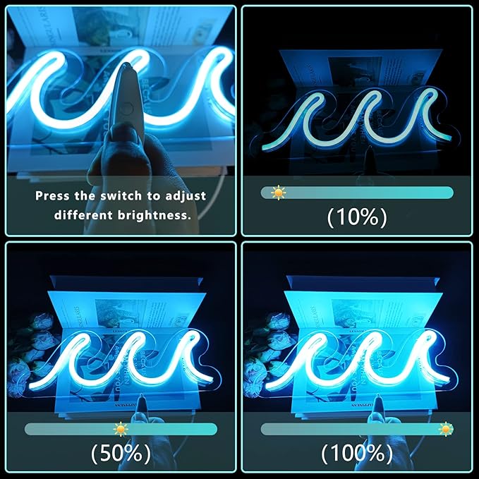 Wave Neon Signs for Bedroom, Ice Blue LED Neon Signs for Wall Decor, Night Lights USB Powered with Dimmer & Switch, Tropical Decor for Living Room, Bar, Dorm, Birthday Gift, Wedding Party