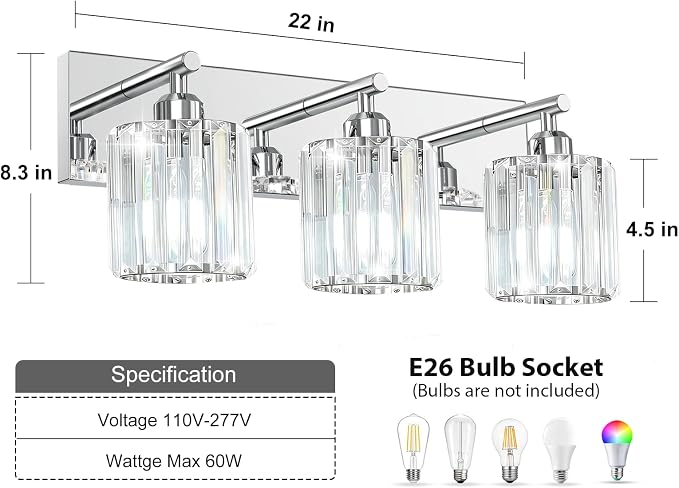 Brushed Chrome Crystal Bathroom Vanity Light, 3-Light Modern Bathroom Lighting Fixtures Over Mirror,Chrome Wall Sconce Light Fixtures with Round Shade