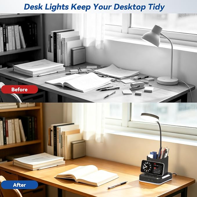 KDD 5 in 1 Desk Lamp with Charging Ports, 9 RGB Modes Gaming Table Light | Pen & Phone Holder, 360°Adjustable Gooseneck Desktop Lights, Dimmable Table Lamp for Home Office College Dorm Room