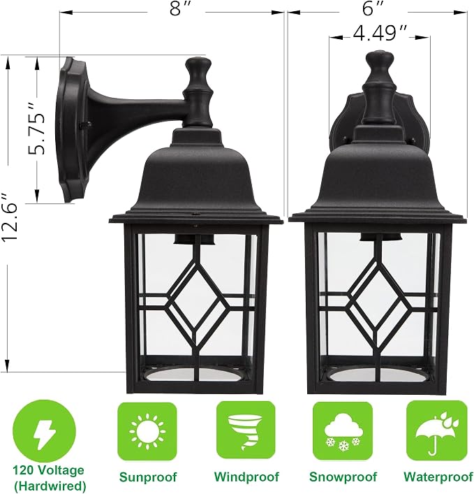Outdoor Wall Light Fixture, Rustproof Aluminum, Glass | LED Large Exterior Porch Light Wall Sconce Lantern for House, Patio, Garage, Waterproof, 11W 1000 Lumen, 5000K, Black