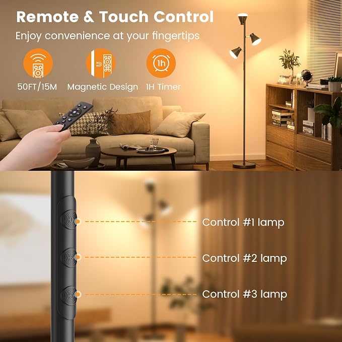 36W LED Tree Floor Lamp, Dimmable Tall Standing Lamp with Remote & Touch Control, 4 Color Temperatures Bright Floor Lamp, 3 Rotatable Light Modern Floor Lamps for Living Room Bedroom Office