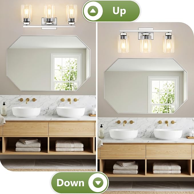 19” Bathroom Light Fixtures, 3-Light Vanity Light Brushed Nickel | Square Clear Glass & Durable Metal, Quick & Easy Installation, Standard E26 Socket, Bright Bathroom Lighting