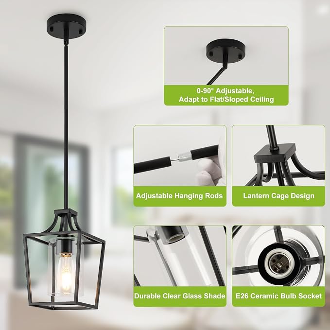foucasal Black Farmhouse Lantern Pendant Light for Kitchen Island 6.69" | 1 Light, E26 Ceramic Socket, Clear Glass Shade, Adjustable Height Rods, Ideal for Kitchen Dining Room Foyer Hallway Entrance