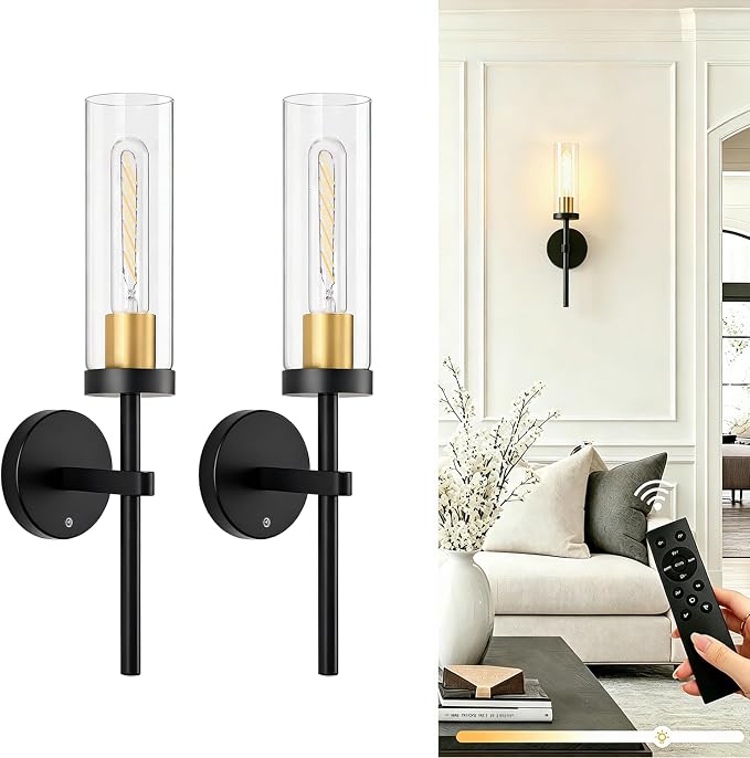 Shenmoyl Battery Operated Wall Sconces Set of 2, Black & Gold Rechargeable Wall Lighting Fixtures, Dimmable Wall Lights with Remote & Clear Glass Shade for Living Room, Bathroom,Bedroom