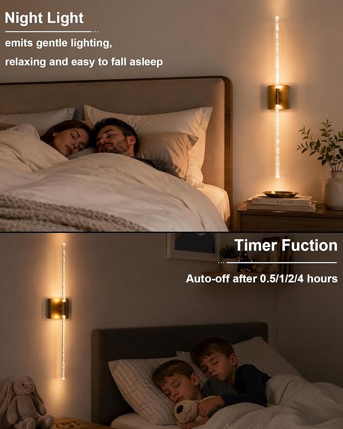 Wall Sconce Set of 2: Gold Rechargeable Wireless Magnetic Install, Crystal | 10000mAh Battery Operated, 360° Rotatable Wall Light,4CCT Dimmable LED Scone Lighting for Living Room Bedroom. 31.7in