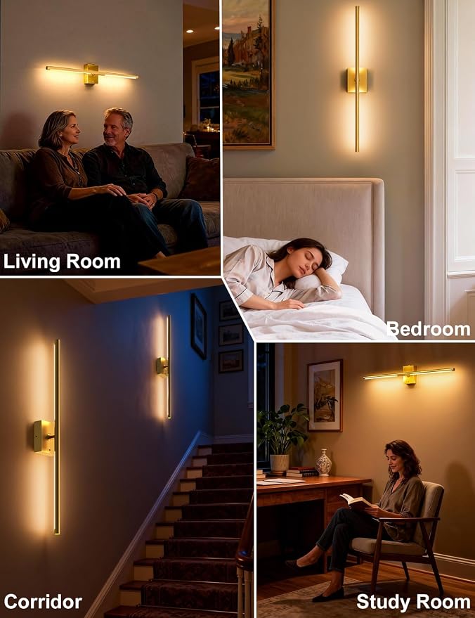 Battery Operated Wall Sconces Set of 2, Wireless Rechargeable Wall Lights | 10000mAh, Remote Control, 4CCT Dimmable, 360° Rotation, Modern Home Decor for Living Room, Bedroom, Picture Lighting, Gold