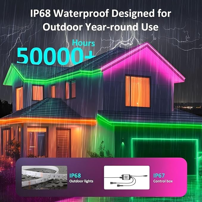 roperry 70FT Outdoor LED Strip Lights,IP68 RGB LED Lights with Remote and APP Control, Outdoor Strip Lights for Pool, Balcony, Roof, Garden, Stairs (1 Roll)