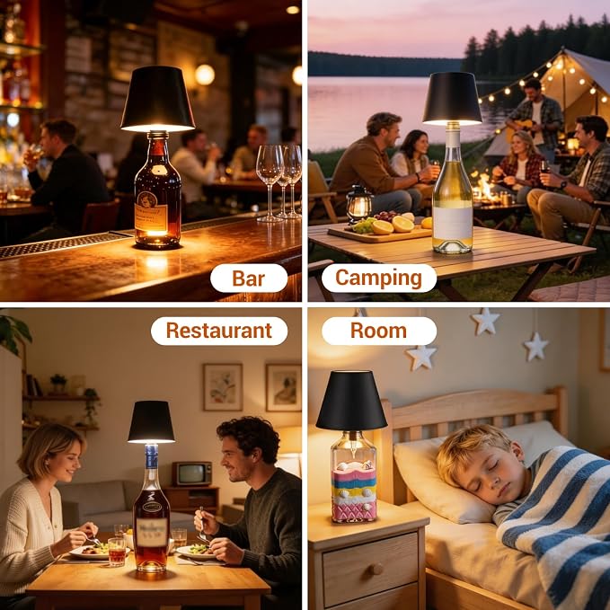 2 Pack Wireless Bottle Lamp 3 Color and Stepless Dimming LED Wine Bottle Lamp Shade with Stopper, Rechargeable Touch Wine Bottle Lights for Liquor Bottle Bars Restaurants-Black