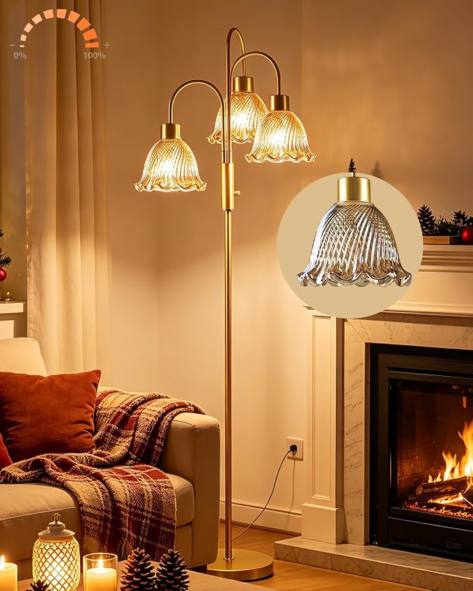 Lightdot 3-Light Glass Floor Lamp for Living Room, 70" Gold Dimmable Standing Tall Lamp with Amber Ribbed Glass Shades &3PCS 3000K Warm White Bulbs, Modern Tree Pole Lamp for Bedroom Home Decor