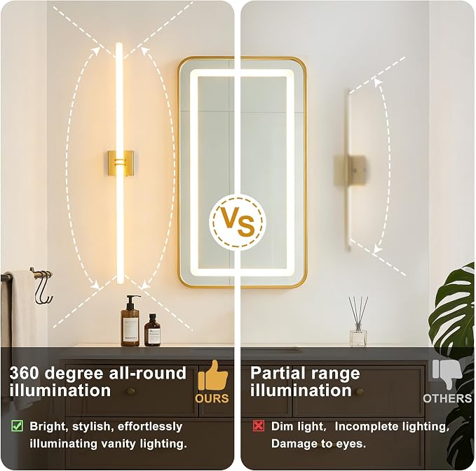 Gold Bathroom Light Fixture LED Vanity Light 45.3" 5CCT Wall Sconce | LED Dimmable Wall Light Modern 360° Lighting, 42W Hardwired Vanity Light for Bathroom Mirror, Flicker-Free Easy Install