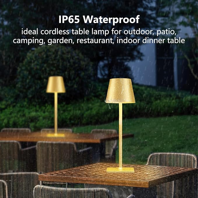 2 Pack Gold Rechargeable Table Lamps,Cordless Lamp with 6000mAh Battery Operated,Wireless Lamp for Restaurant Home Dinner Dining Kitchen Outdoor Patio,Waterproof & Portable