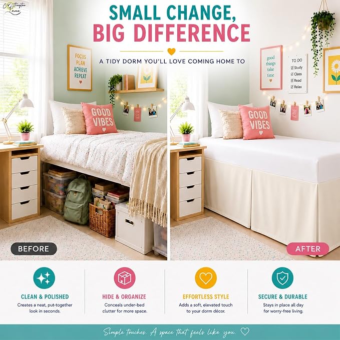 Cottington Lane Tailored Box Pleated College Dorm Bed Skirt Twin XL, Hotel Quality Premium Brushed Microfiber Extra Long Bedskirt Twin XL 42 Inch Drop, Ivory Dorm Bedding