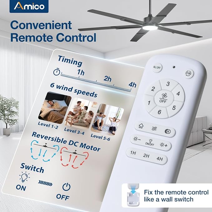 Amico 72 Inch Ceiling Fans with Lights and Remote, Black | 6 Speed Reversible DC Motor, 3CCT, Dimmable, Quiet, Timer, Large Modern Ceiling Fan for Living room, Indoor/Outdoor