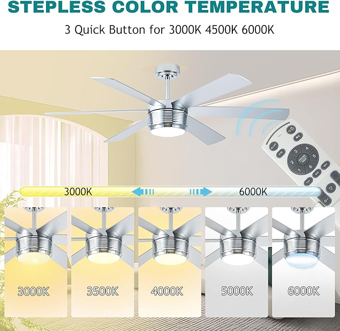 SHOWDI Ceiling Fan with Lights and Remote, 6 Blade App Control Timer Reversible Stepless Brightness and Color Temperature Outdoor Wood Ceiling Fan with Lights (Chrome, 56 Inch)
