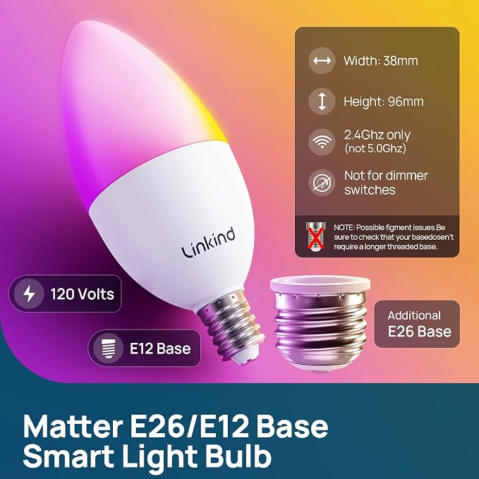 Linkind Matter E12/E26 Led Bulb, Color Changing Smart Light Bulbs, 4 Pack | Works with Alexa/Apple Home/Google Home, 500LM Candelabra Light Bulbs for Chandelier, 2.4G WiFi, with E26 to E12 Adapters