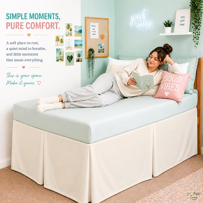 Cottington Lane Tailored Box Pleated College Dorm Bed Skirt Twin XL, Hotel Quality Premium Brushed Microfiber Extra Long Bedskirt Twin XL 42 Inch Drop, Ivory Dorm Bedding