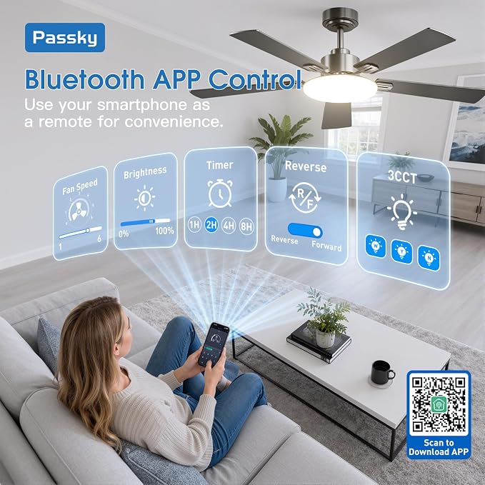 Passky Ceiling Fans with Lights, 52 inch Sleek Ceiling Fan with Light and Remote Control, 3CCT, Dimmable, Reversible, Noiseless, Black Ceiling Fan for Bedroom, Living Room | 3-color dimmable light, quiet reversible DC motor, easy install, memory, Timer...