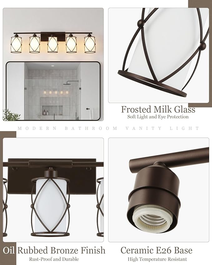 5-Light Oil Rubbed Bronze Bathroom Light Fixtures Over Mirror, 38" UL-Listed Modern Farmhouse Wall Sconce Lights with Milk White Frosted Glass and Metal Cage for Bath, E26, CH9176ORBW-5W