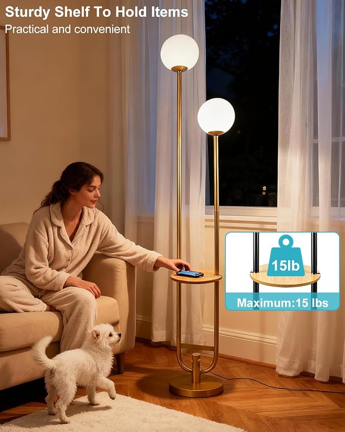 Lightdot 63IN Gold Floor Lamp with Table 2 Globe Mid Century Standing Lamps with 3000K LED Bulbs Unique U-Pole Vintage Floor Lamp with 5Lbs Heavy Base for Living Room/Party/Sofa Beside/Corner Decor