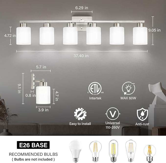FonmYim Brushed Nickel Bathroom Light Fixtures Vanity Lights Over Mirror | Modern 6-Light lighting fixtures for bathroom with Milky White Frosted Glass Shades, E26 Socket (Bulbs Not Included)