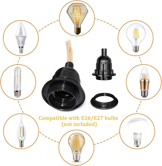 2 Light Plug in Pendant Light Cord, 19.68ft Hemp Rope Cable, Black Metal Cage Lampshade Ø20cm, E26/E27 Socket Vintage Hanging Lights with Plug in Cord for Dining Room Living Room