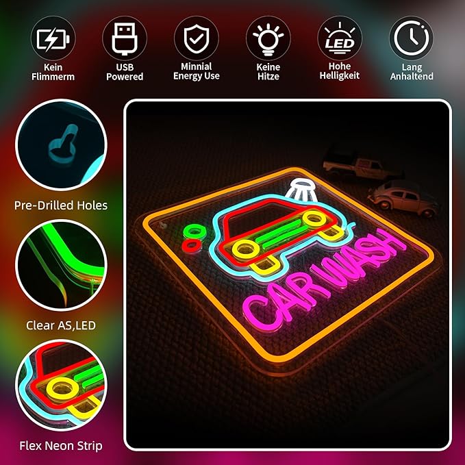 Car Wash Neon Sign Neon Lights USB Powered Ultra Bright Dimmable Hanging Wall Art Decoration for Gas Station Facility Detailing Business Service Home Shop/Truck