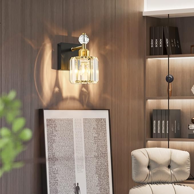 PRESDE 1-Light Bathroom Vanity Light, Modern Black and Gold Wall Sconce with Crystal Shade, Single Wall Lamp for Over Mirror Bedroom Hallway
