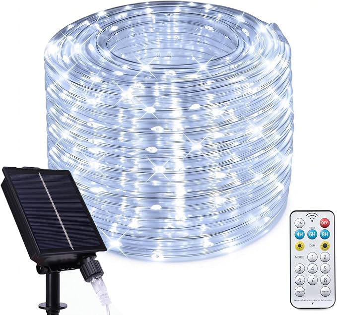 Vigdur 66FT Solar Rope Lights Outdoor - 200 LEDs Cool White Rope Lights Outdoor Waterproof with Remote & Timer & 8 Lighting Modes, Solar Trampoline Light for Pool Tree Garden Yard Home Camping