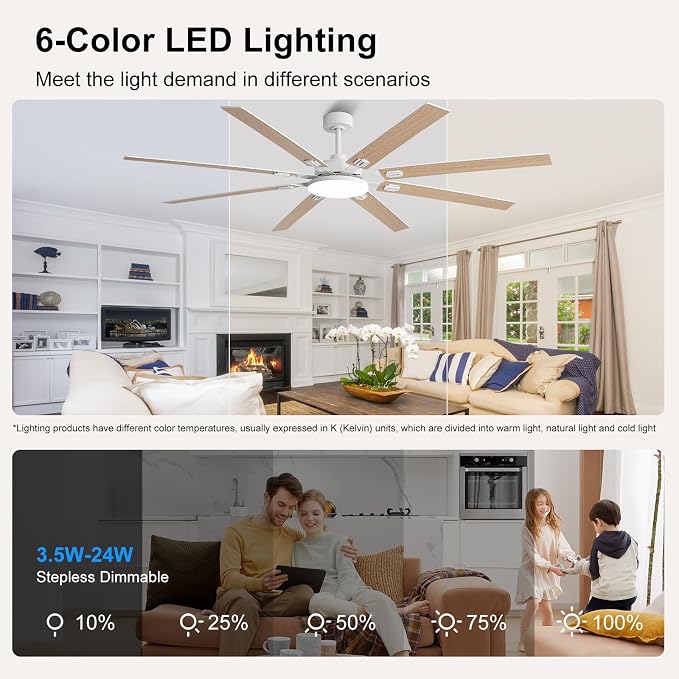 80 Inch Ceiling Fans with Lights and Remote, Bedroom Living Room Office Library Cafe Outdoor Industrial, 5CCT Dimmable, Dual Color 8 Blades, 6 Speed Reversible Quiet DC Motor, White/Wood Grain