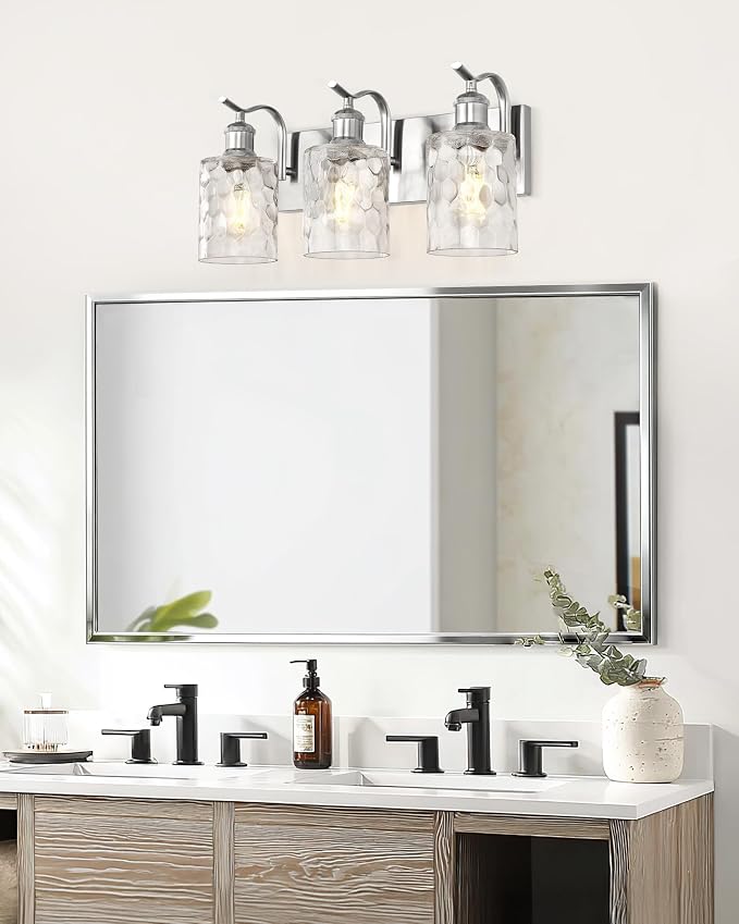 3-Light 20 Inch Bathroom Vanity Light,Hammered Glass,Nickel | Over Mirror Wall Light,E26 sockets,for bathroom mirror,powder room,dressing area