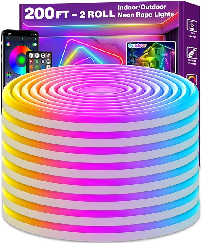 AILBTON 200Ft Neon Rope Lights,Flexible Led Rope Lights Control with App/Remote,Multiple Modes Rope Lights,IP65 Outdoor RGB Led Neon Lights Waterproof,Music Sync Gaming Led Neon Light Strip