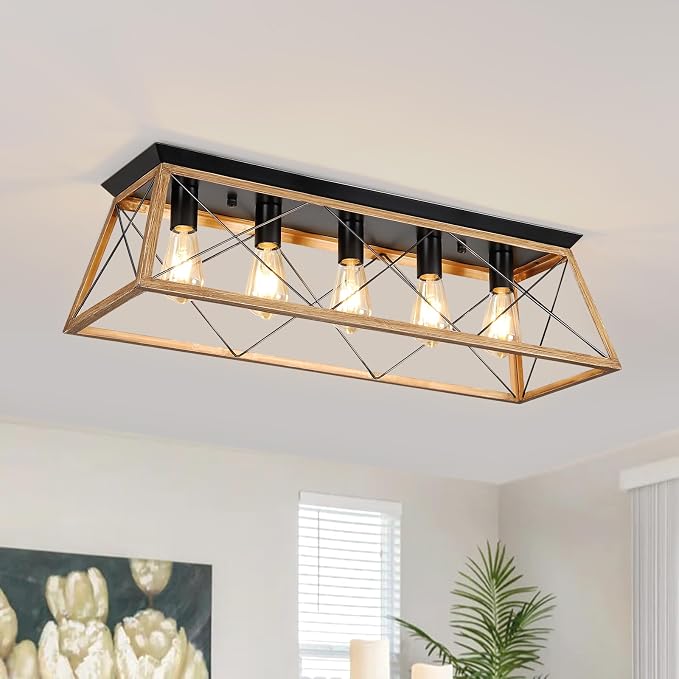 31.5" Flush Mount Ceiling Light Fixture, 5-Light Vintage Industrial Cage Chandelier for Dining Room, Kitchen Island, Living Room, Dimmable Semi Flush Mount Close to Ceiling Lighting, Walnut Finish
