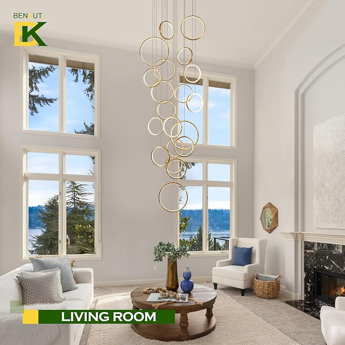 20 Ring High Ceiling Chandelier Foyer, Gold Modern LED Large Staircase Long Chandeliers Light Fixture with Remote for Staircase Entryway Living Room Dining Room(118in, 3000K-6500K)