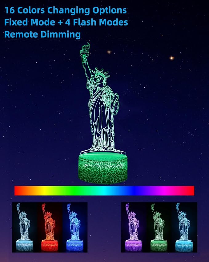 Statue of Liberty, New York Skyline 3D Illusion Night Light, 2 Patterns | 16 Colors Changing, Dimmable, Touch & Remote Control, Bedroom Room Décor Lamp, Christmas Birthday Dad Mom Kid Boy Girl Gift