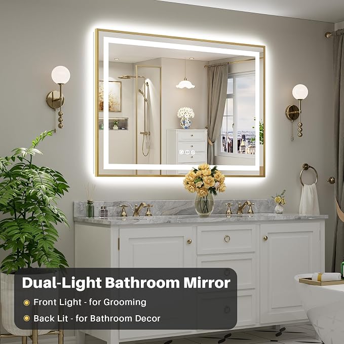 55x40 Inch LED Bathroom Mirror with Gold Frame, Backlit & Front Lit | Anti-fog, 3 Color Dimmable, Memory Function, HD Reflection Tempered Glass, ETL Listed, IP54 Waterproof