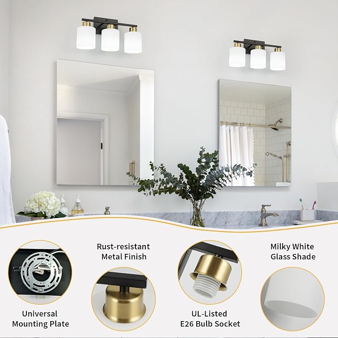WILON Bathroom Light Fixtures Over Mirror, 3 Light Black and Gold Vanity Light, Wall Sconces with White Milky Glass Lamp Shades,E26 Bathroom Vanity Light (Bulbs Not Included)