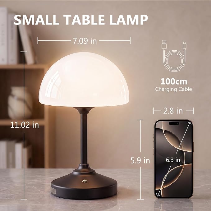 Table Lamp Cordless Lamp,5000mAh Rechargeble Battery Operated Lamp | Small Bedside Desk Lamp 11.02" with Glass Shade 3-Way Dimmable Portable LED Table Light,for Outdoor,Dinner,Patio(Black)