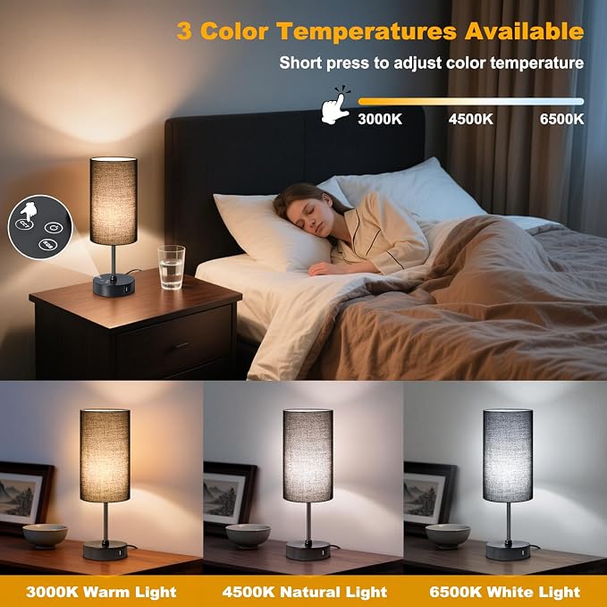 Table Lamp with 3 CCT (3000K/4500K/6500K), Stepless Dimmable Bedside Lamp with 7 Color Changing, Modern Nightstand Light with Black Shade for Bedroom, Kids Room, Home, Office