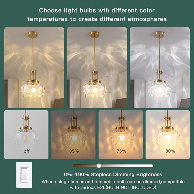 Gold Pendant Light Kitchen Island, 10 Inch, Hammered Glass Shade | Modern Farmhouse Style, For Kitchen Dining Room Bedroom, Bulb Not Included