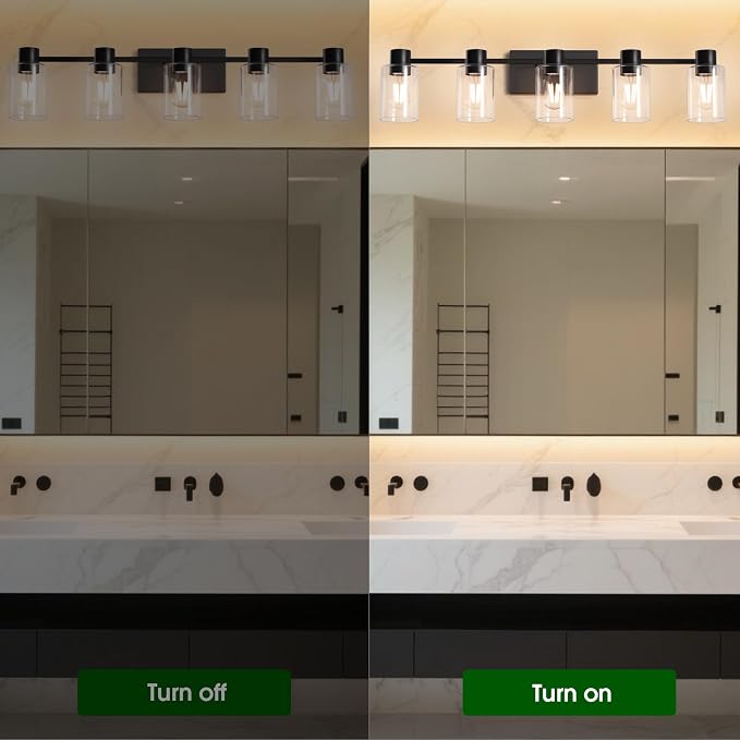 5-Light Modern Vanity Light Fixtures Over Mirror, Matte Black Bathroom Light Fixtures, Vanity Lights, Wall Sconce with Clear Glass Shade for Bathroom, E26 Base