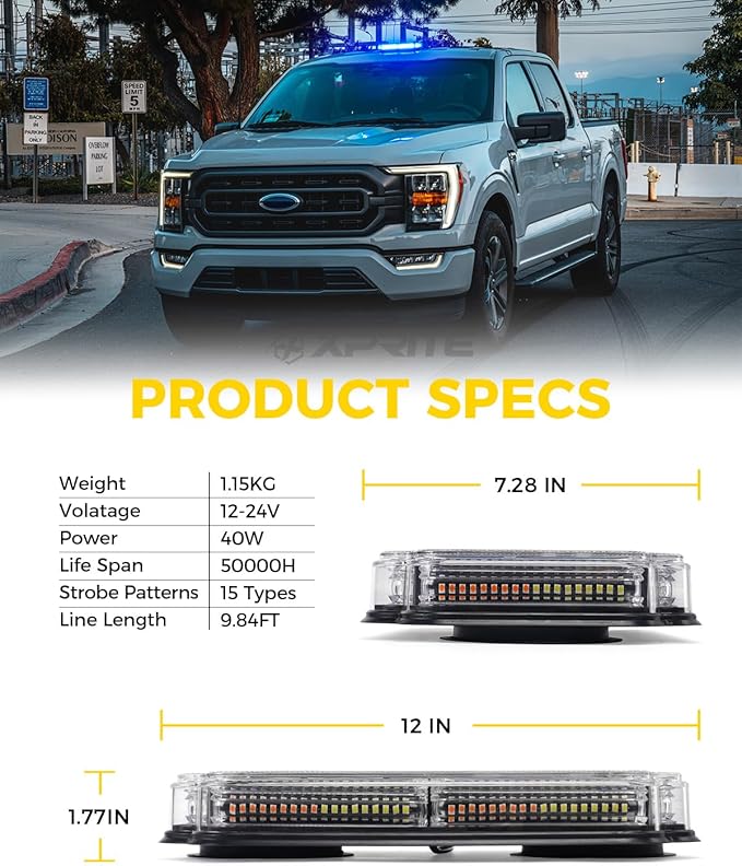 Xprite 108 LED Roof Top Strobe Light, US Flag Pattern Police Flashing Lights, Emergency Safety Warning LED Mini Strobe Lightbar w/Magnetic Base for Traffic Police Firefighter EMS Vehicle Truck, Blue