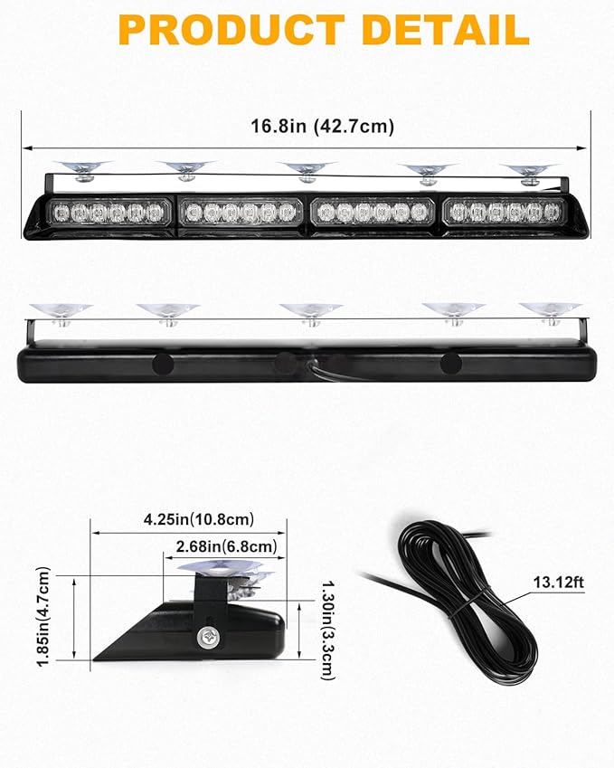 HLauto 6Z4J Emergency Dash Strobe Lights: 2x16.8 inch White Safety Lights, 48 LED Flashing Warning Hazard Interior Windshield Visor Traffic Light Bar for Trucks, Construction Vehicles