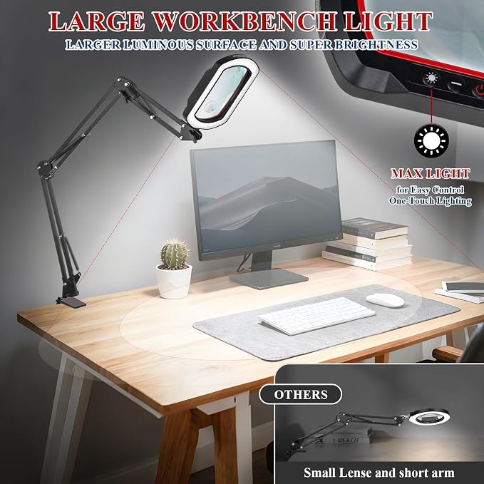 12X 30X Square Magnifying Glass with Light and Clamp | 3-Section Swing Arm Workbench Magnifier Light, 5 Colors Stepless Dimming LED Desk Lamp with Stand for Painting Reading Crafts