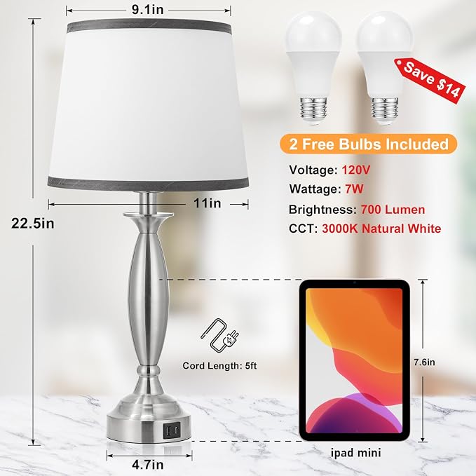 Bedroom Lamps for Nightstand, 3 Way Dimmable Silver Bedside Lamps with USB | Touch, USB C+A Ports, Bulb Included, Grayish-white Shade, Silver, Chrome, Bed Side lamps for Night Stands, Living Room